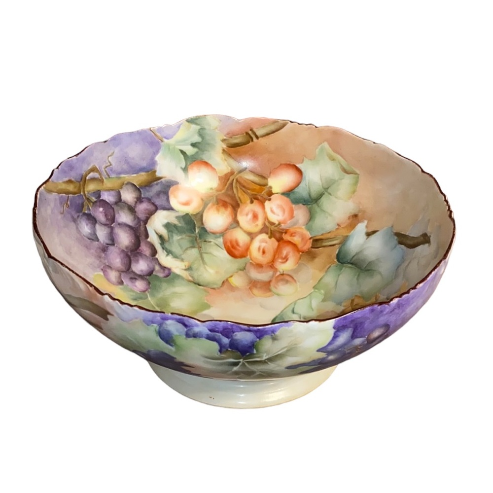 Signed AntiqueT&V Limoges France Depose Large Hand Painted Punch Bowl w/Grapes